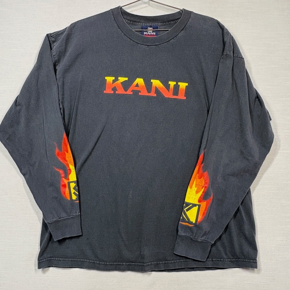Vintage Kani Jeans Shirt Men XXL Black Flame Fire Sleeves Faded Cracked Y2K